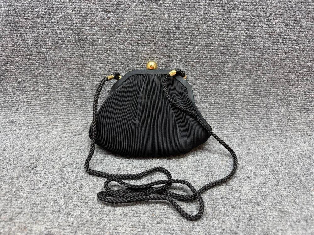 Black Evening Clutch Purse Pleated Fabric Gold Ball Frame Shoulder Bag